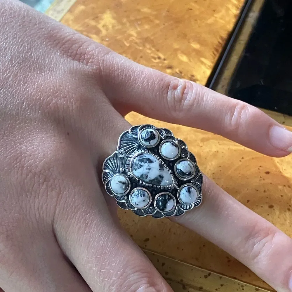 Natural White Buffalo Sterling Silver Artistic Cocktail Ring Size 6